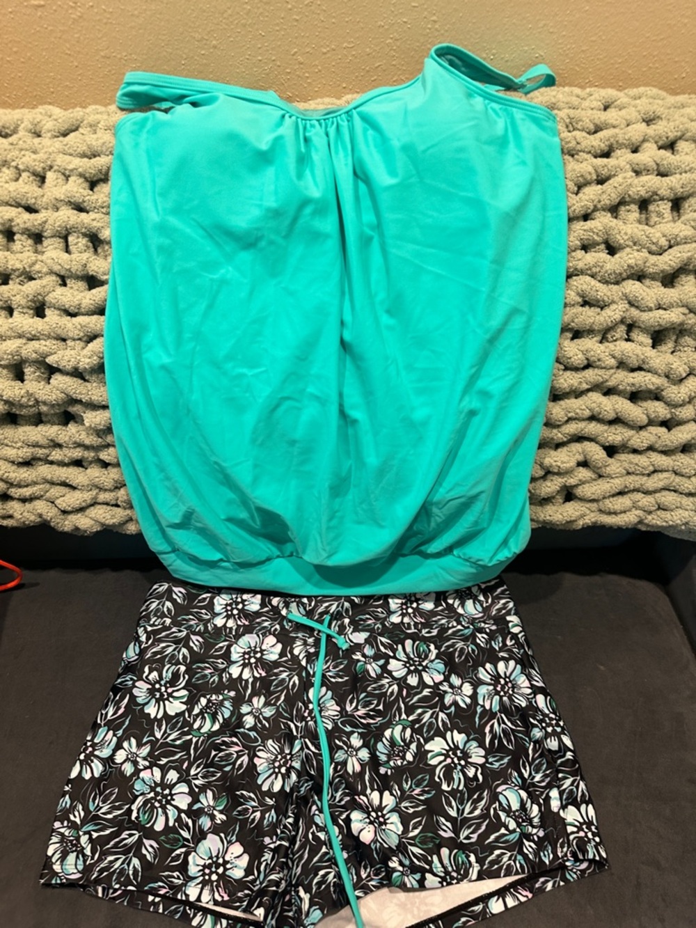 Women’s Teal Tankini with Floral Swim Shorts - Brand Unspecified